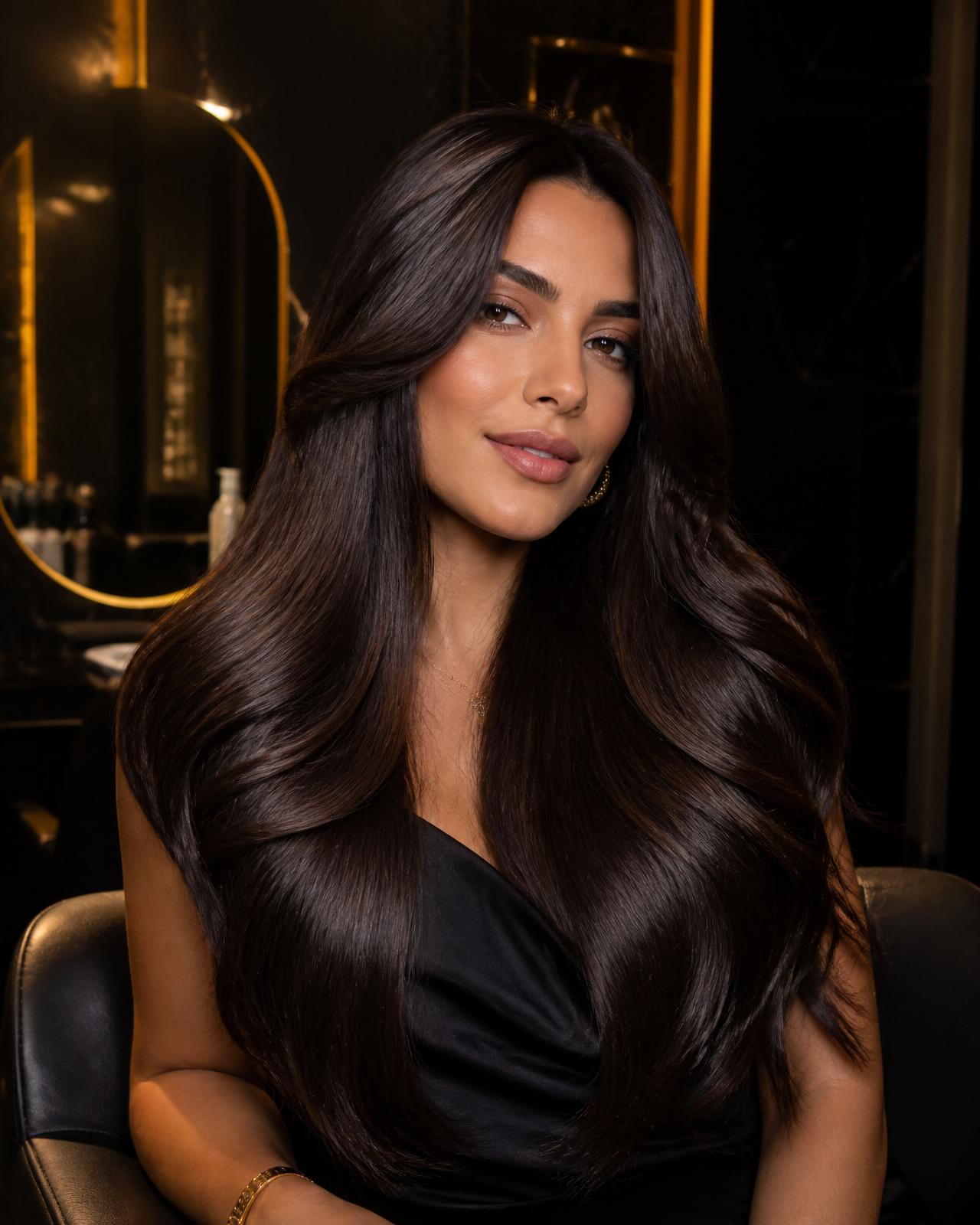 Mulher elegante com cabelo impecável no salão Dara Diva
